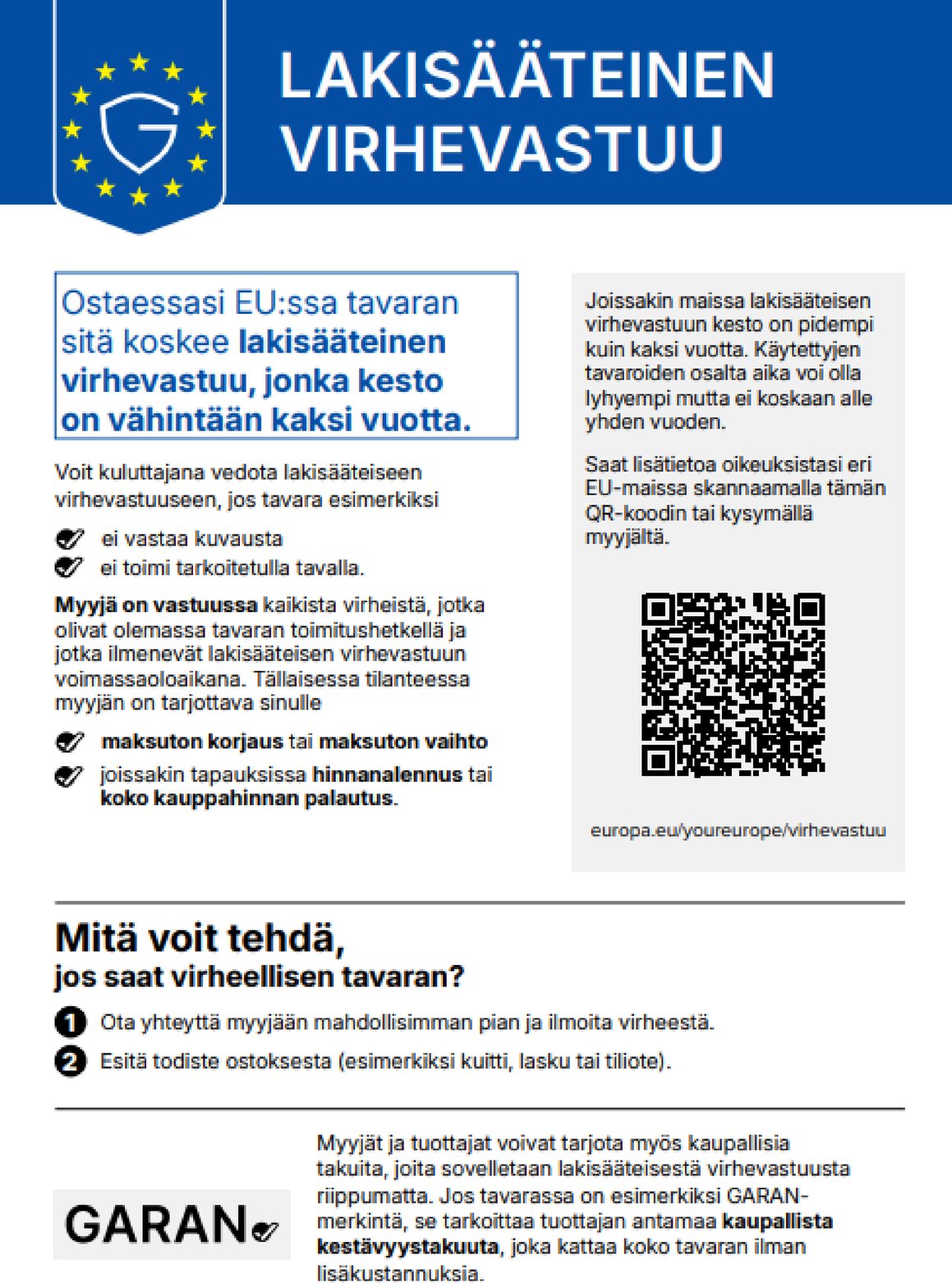 EU:n yhdenmukaistettu ilmoitus: Lakisääteinen virhevastuu. Ilmoituksen teksti on kuvan alla.