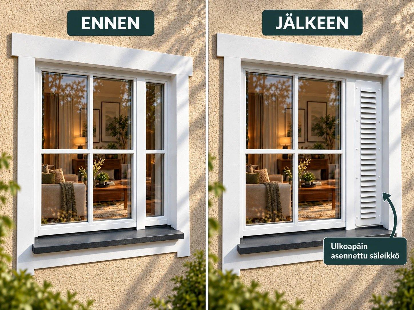 Ikkuna ennen ja jälkeen: ulkopuolelle jälkiasennettu säleikkö ikkunan vieressä